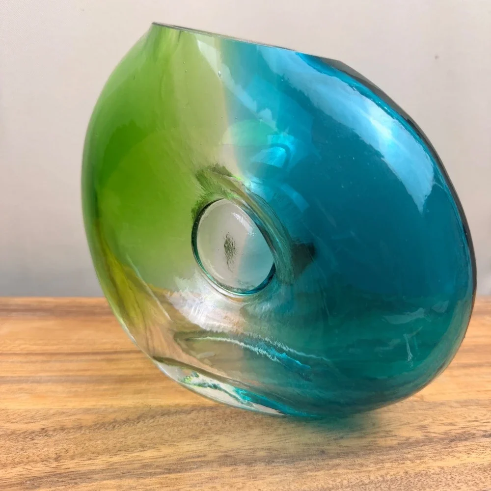Art Glass Vase Teal Green Two Tone Organic Shape Hand Blown Modern Decor 8.75in